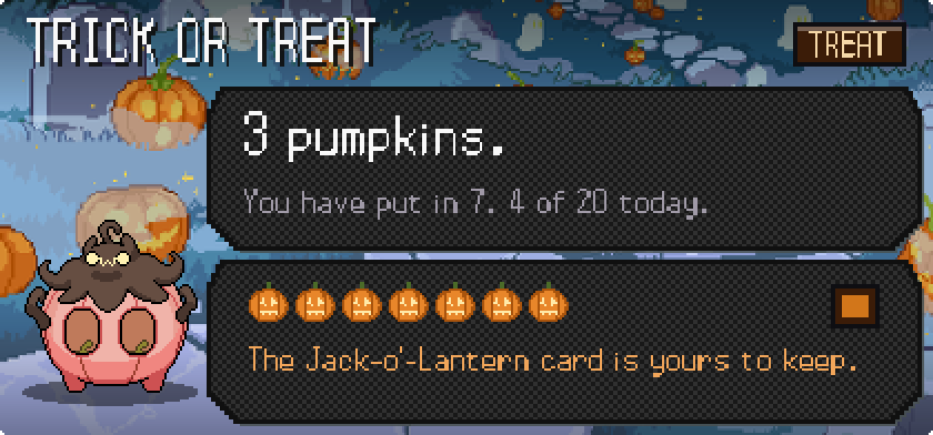 A Trick or Treat card with seven lit pumpkins: The Jack-o'-Lantern card is yours to keep.