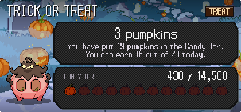 A Trick or Treat card: 3 pumpkins for the Candy Jar, and the Candy Jar's meter under it