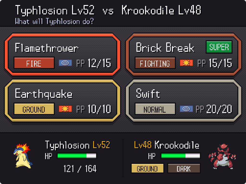 The Visual Overhaul. Almost every screen in the game is new! — Four moves up top, both Pokémon underneath.