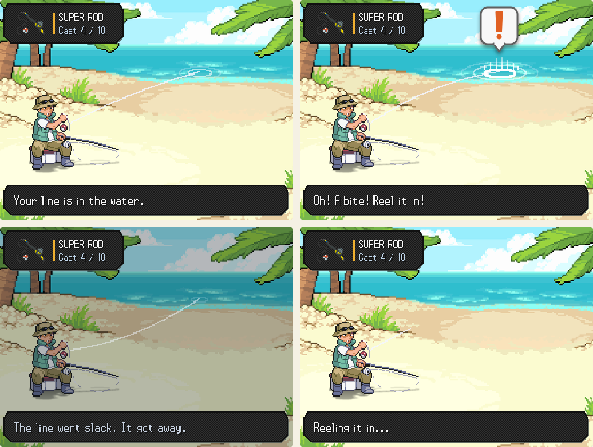 The Visual Overhaul. Almost every screen in the game is new! — Your line in the water, a bite, the one that got away, and reeling it in.