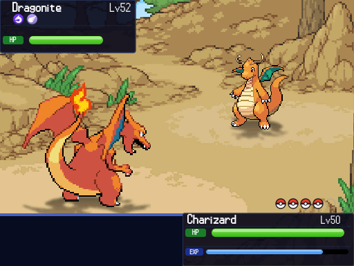 An animated battle turn: Charizard uses Dragon Claw on a wild Dragonite and its HP bar drains, with live dialogue