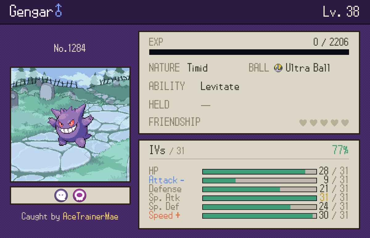 A Gengar info card showing IVs, nature, ability, friendship and EXP, its sprite animated in the graveyard where it was caught