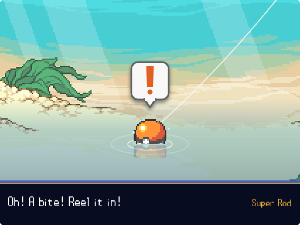 A fishing scene: a bobber on the water at the shore, an exclamation bubble marking a bite, and the Super Rod named in the dialogue box